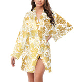 Gold grape pattern Women's Long Sleeve Belted Night Robe