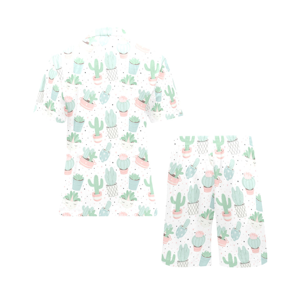 Pastel color cactus pattern Men's V-Neck Short Pajama Set