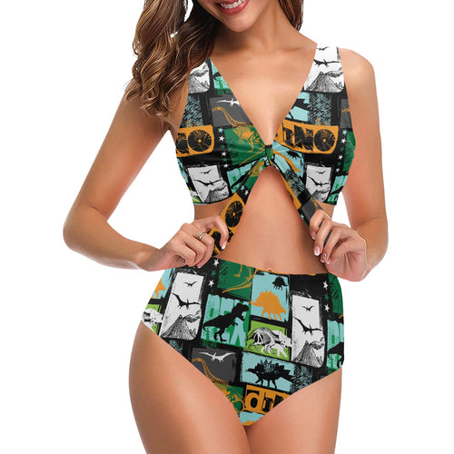dinosaurs print pattern Chest Bowknot High Waisted Bikini Swimsuit