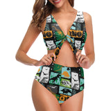 dinosaurs print pattern Chest Bowknot High Waisted Bikini Swimsuit