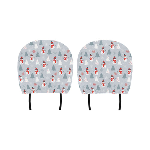 Snowman christmas tree snow gray background Car Headrest Cover