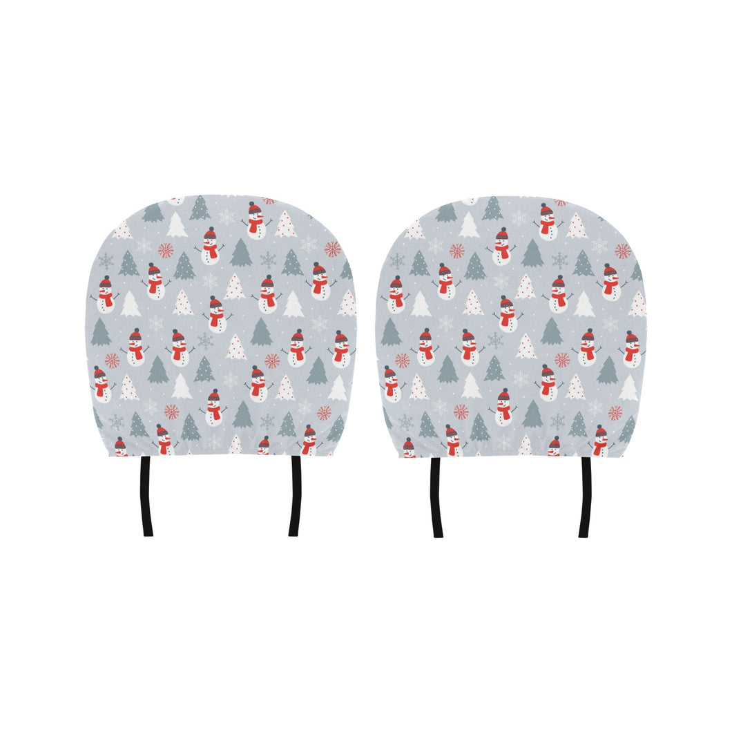 Snowman christmas tree snow gray background Car Headrest Cover