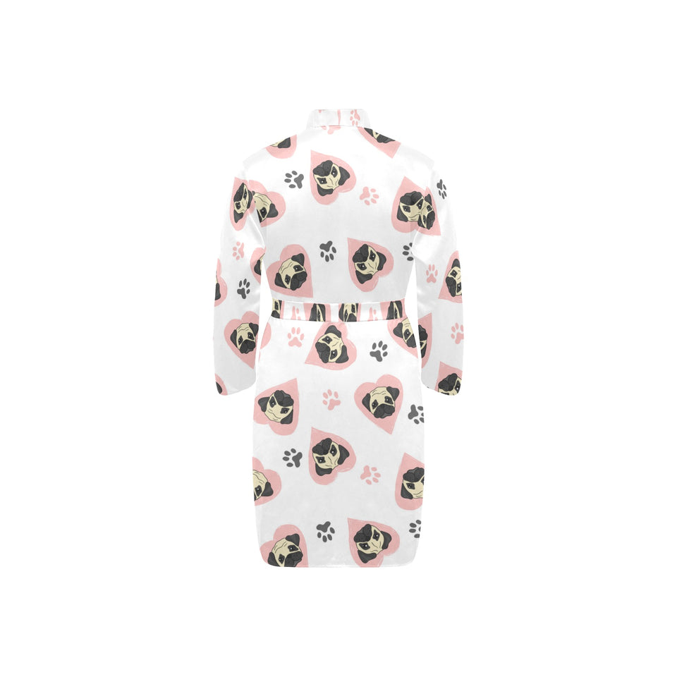 Cute pugs pink heart paw pattern Men's Long Sleeve Belted Night Robe