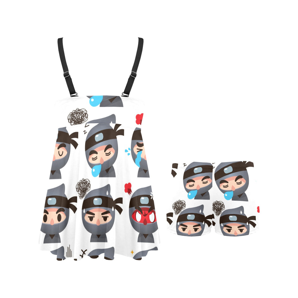 Cute ninja design pattern Chest Sexy Pleated Two Piece Swim Dress