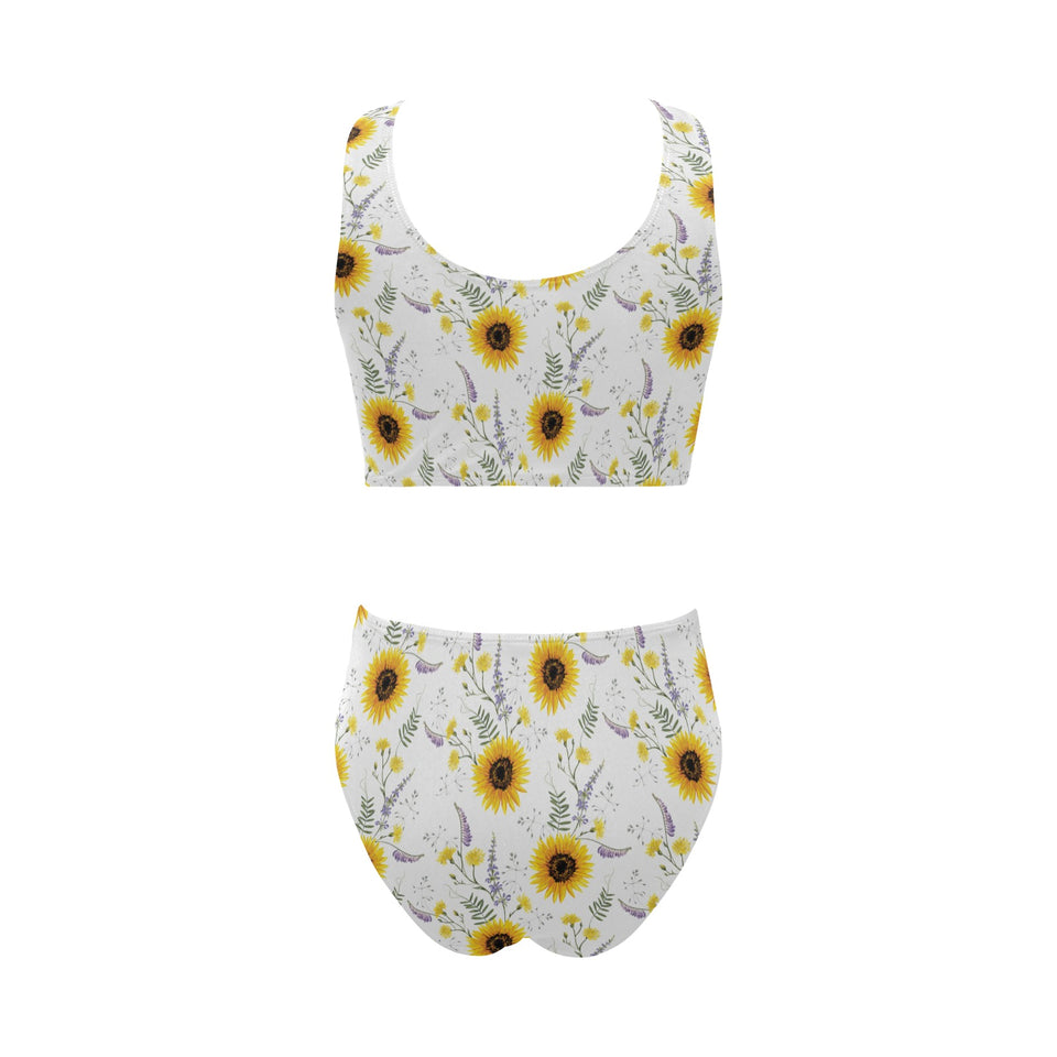 beautiful sunflowers pattern Chest Bowknot High Waisted Bikini Swimsuit