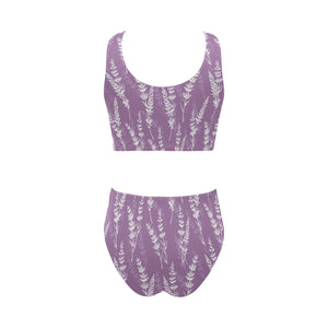 Lavender flowers purple pattern Chest Bowknot High Waisted Bikini Swimsuit