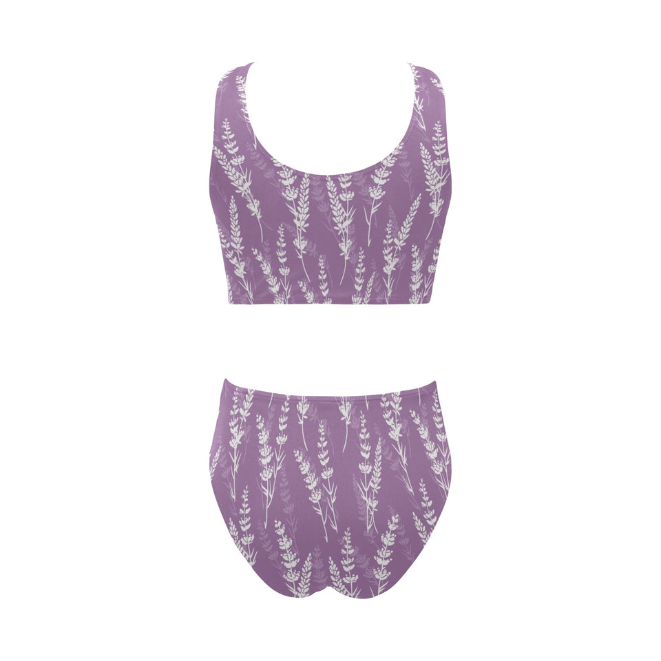 Lavender flowers purple pattern Chest Bowknot High Waisted Bikini Swimsuit
