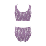 Lavender flowers purple pattern Chest Bowknot High Waisted Bikini Swimsuit