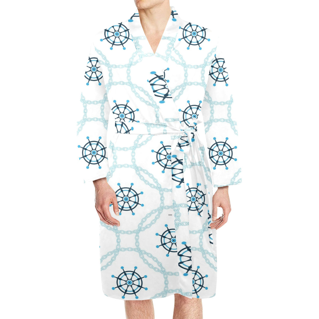 nautical steering wheel chain Men's Long Sleeve Belted Night Robe