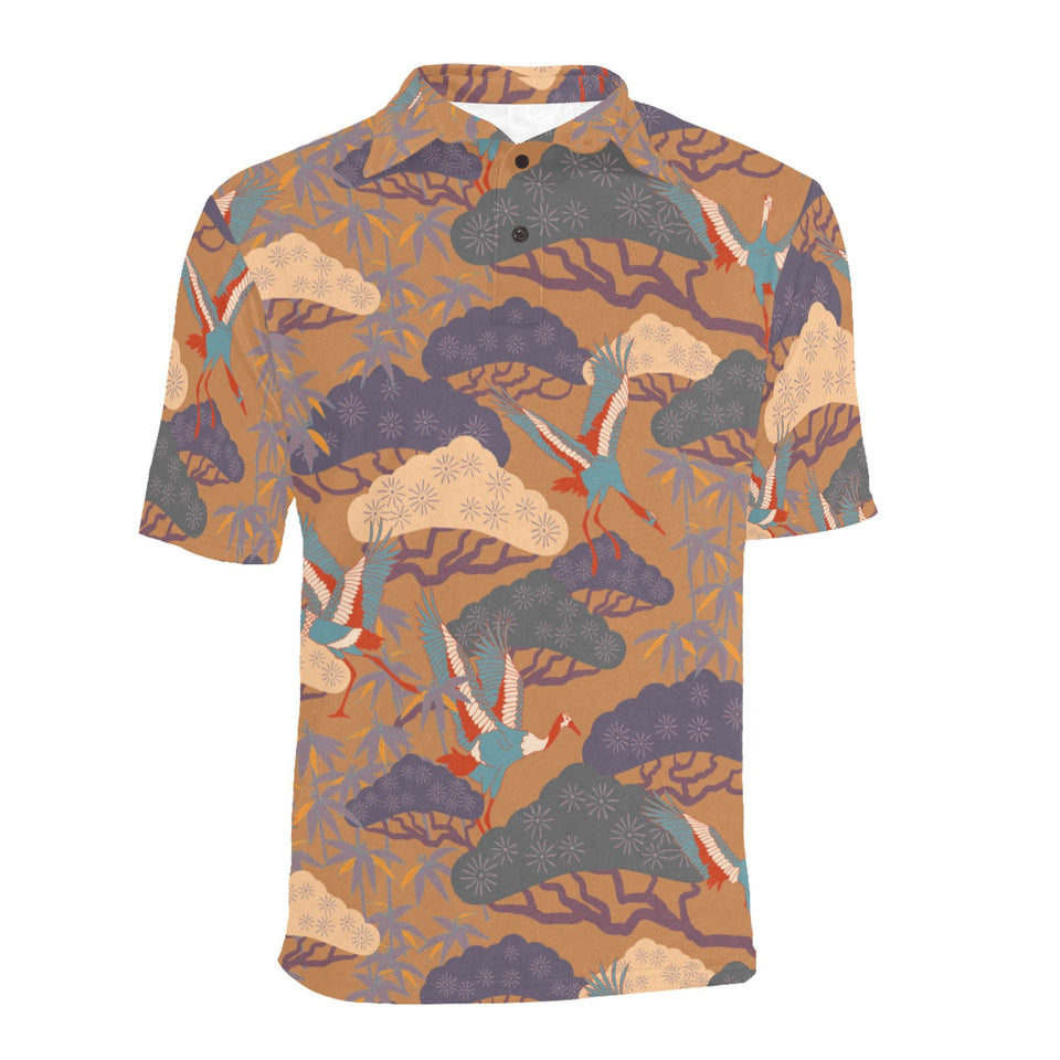 Bonsai bamboo stork japanese pattern brown theme Men's All Over Print Polo Shirt