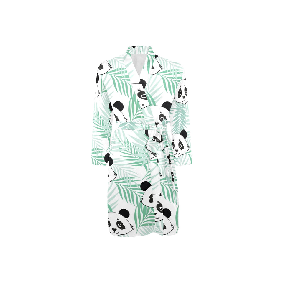Panda pattern tropical leaves background Men's Long Sleeve Belted Night Robe