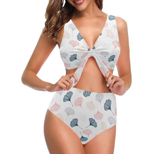 Black Gray Cream coral ginkgo leaves pattern Chest Bowknot High Waisted Bikini Swimsuit