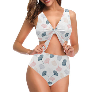 Black Gray Cream coral ginkgo leaves pattern Chest Bowknot High Waisted Bikini Swimsuit