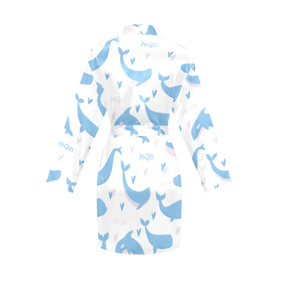 Blue whale pattern Women's Long Sleeve Belted Night Robe