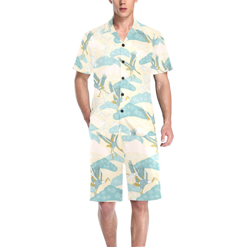 Bonsai bamboo stork japanese pattern cream theme Men's V-Neck Short Pajama Set