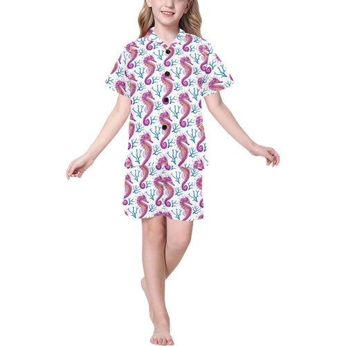 Purple seahorse blue coral pattern Kids' Boys' Girls' V-Neck Short Pajama Set