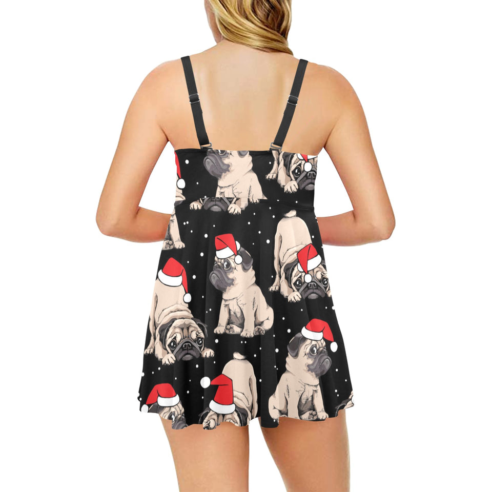 Christmas Pugs Santa_s red cap pattern Chest Sexy Pleated Two Piece Swim Dress