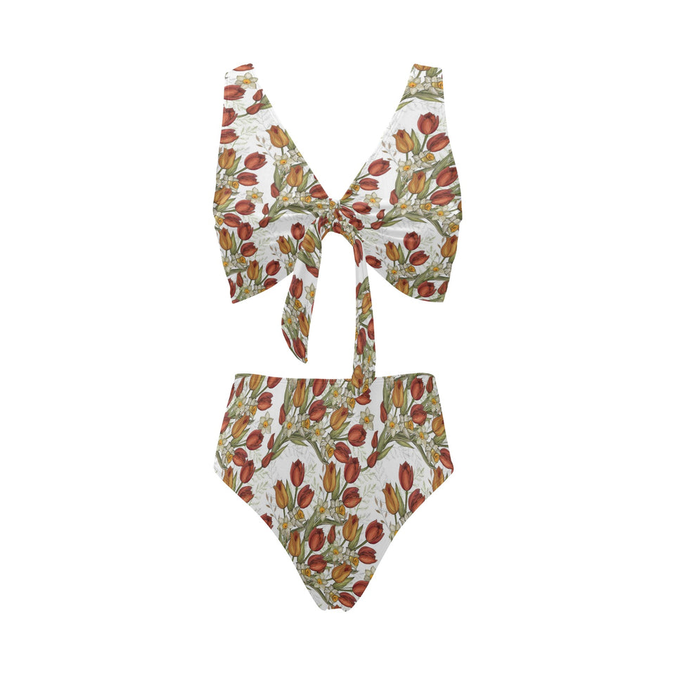 Red tulips and daffodils pattern Chest Bowknot High Waisted Bikini Swimsuit