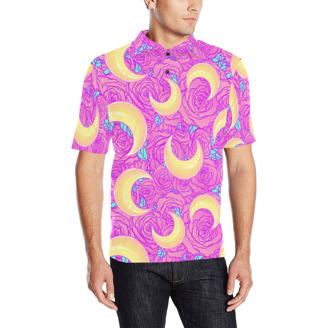 Moon pink rose background Men's All Over Print Polo Shirt