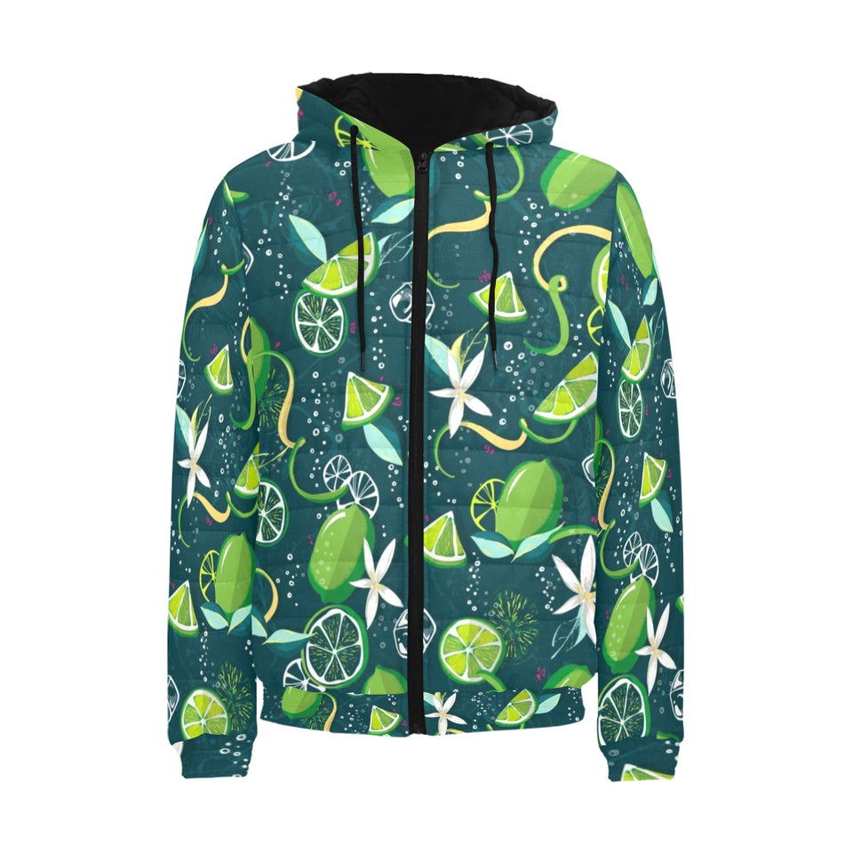 Lime ice flower pattern Men's Padded Hooded Jacket
