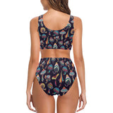 Colorful mushroom pattern Chest Bowknot High Waisted Bikini Swimsuit