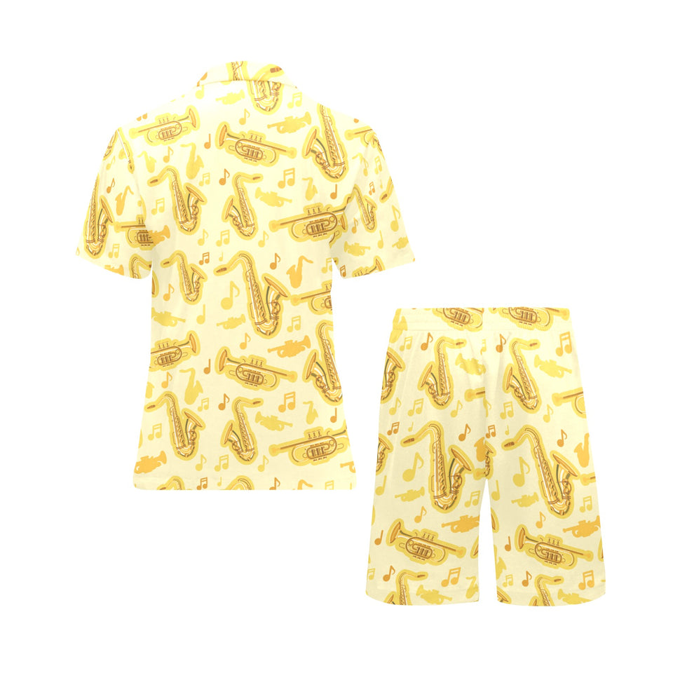 Saxophone cornet pattern yellow background Men's V-Neck Short Pajama Set