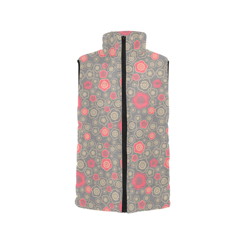 Red gold Sakura cherry blossom gray background Women's Padded Vest