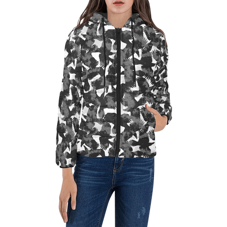 Crow illustration pattern Women's Padded Hooded Jacket