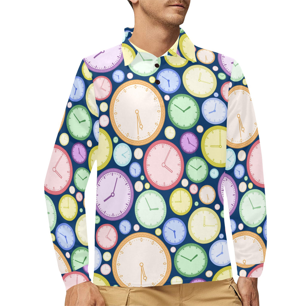 Colorful clock background Men's Long Sleeve Polo Shirt