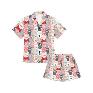 Pig Pattern Print Design 02 Kids' Boys' Girls' V-Neck Short Pajama Set