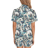 Japanese wave pattern Women's V-Neck Short Pajama Set