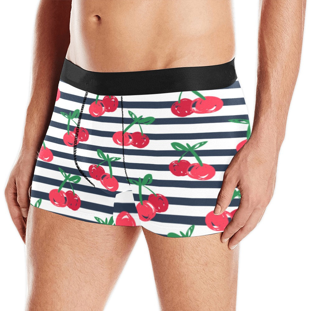 Hand drawn cherry pattern striped background Men's All Over Print Boxer Briefs Men's Underwear