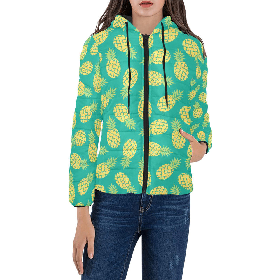 Pineapples pattern green background Women's Padded Hooded Jacket