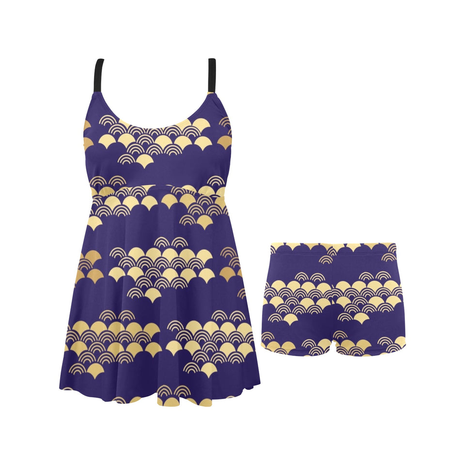 Beautiful japanese fan pattern Chest Sexy Pleated Two Piece Swim Dress