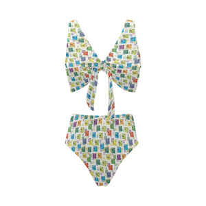 Chemistry Periodic Table Pattern Print Design 05 Chest Bowknot High Waisted Bikini Swimsuit