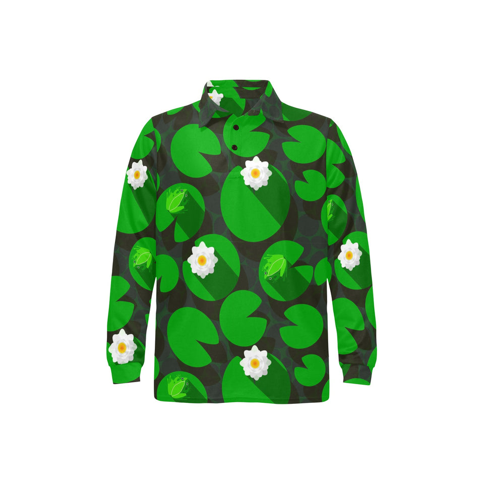 Frog waterlily pattern Men's Long Sleeve Polo Shirt