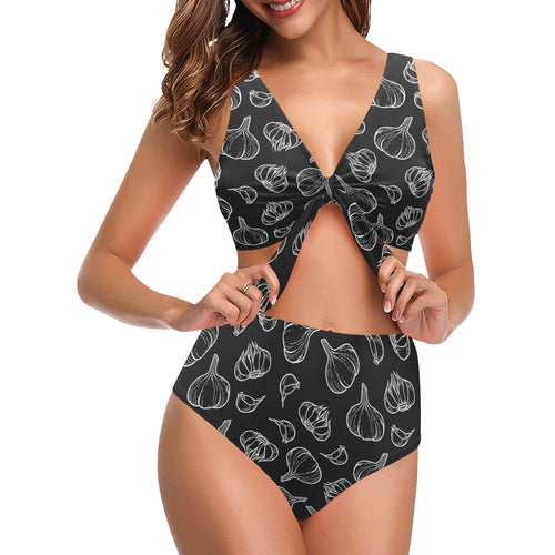 Garlic pattern black background Chest Bowknot High Waisted Bikini Swimsuit