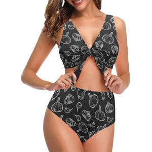 Garlic pattern black background Chest Bowknot High Waisted Bikini Swimsuit