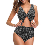 Garlic pattern black background Chest Bowknot High Waisted Bikini Swimsuit