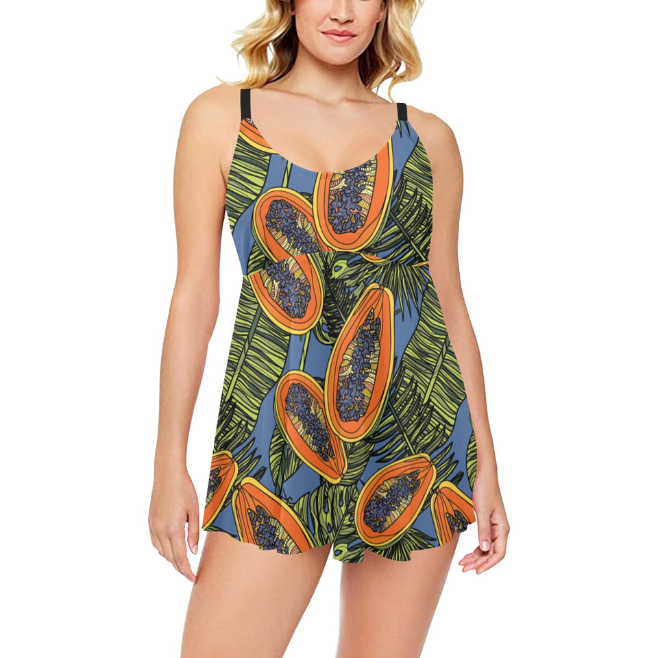 Colorful papaya tropical leaves Chest Sexy Pleated Two Piece Swim Dress