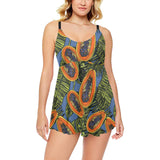 Colorful papaya tropical leaves Chest Sexy Pleated Two Piece Swim Dress