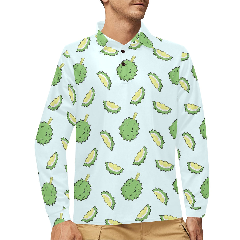 Durian pattern blue background Men's Long Sleeve Polo Shirt