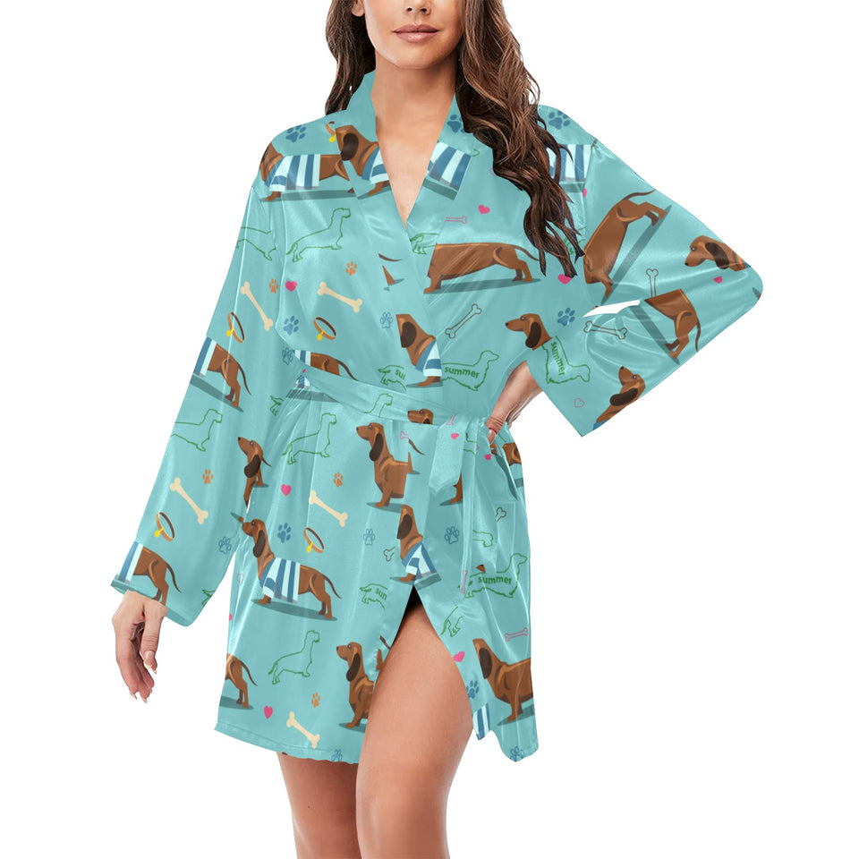Dachshund decorative background Women's Long Sleeve Belted Night Robe