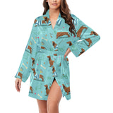 Dachshund decorative background Women's Long Sleeve Belted Night Robe