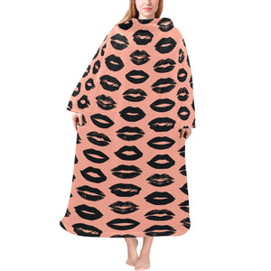 Lips Pattern Print Design 02 Blanket Robe with Sleeves