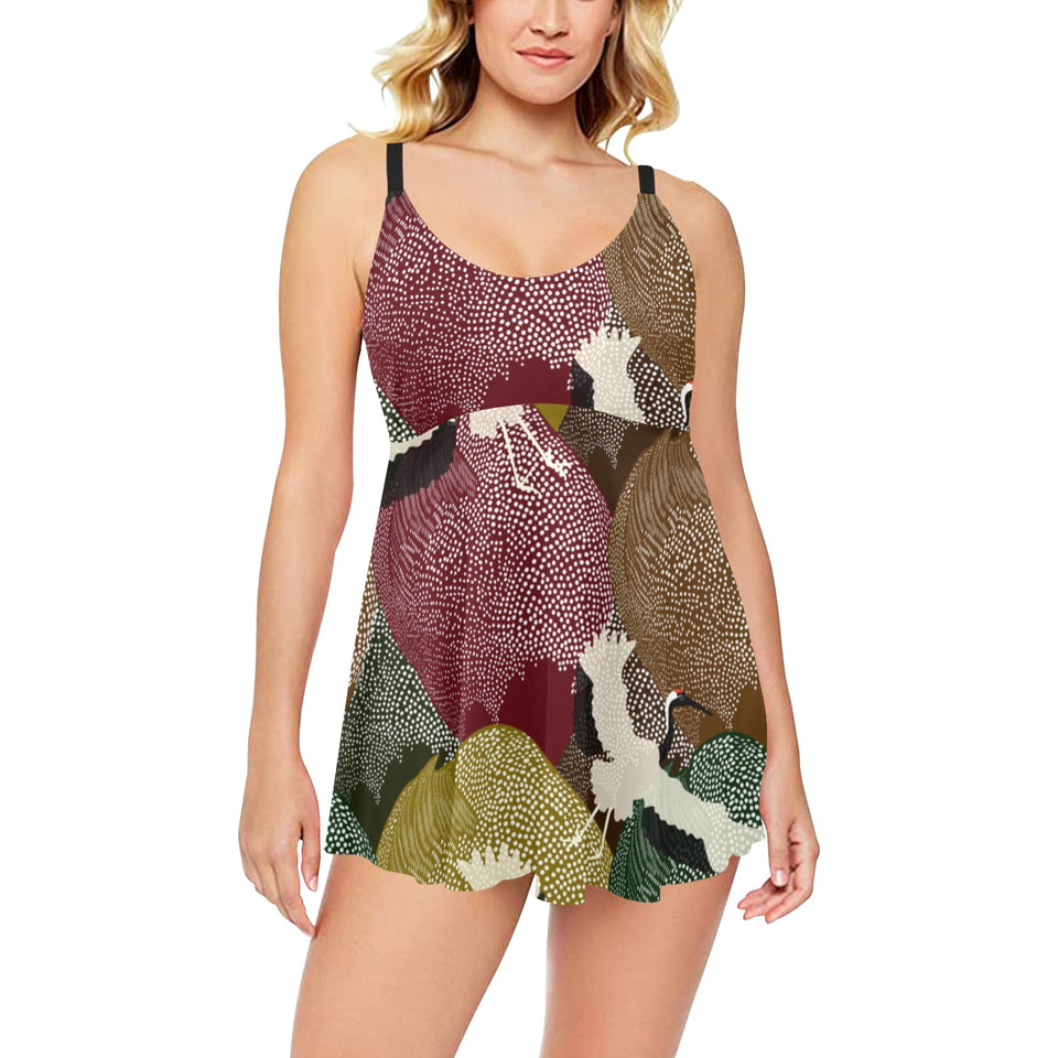 Japanese cranes flying forest dot pattern Chest Sexy Pleated Two Piece Swim Dress