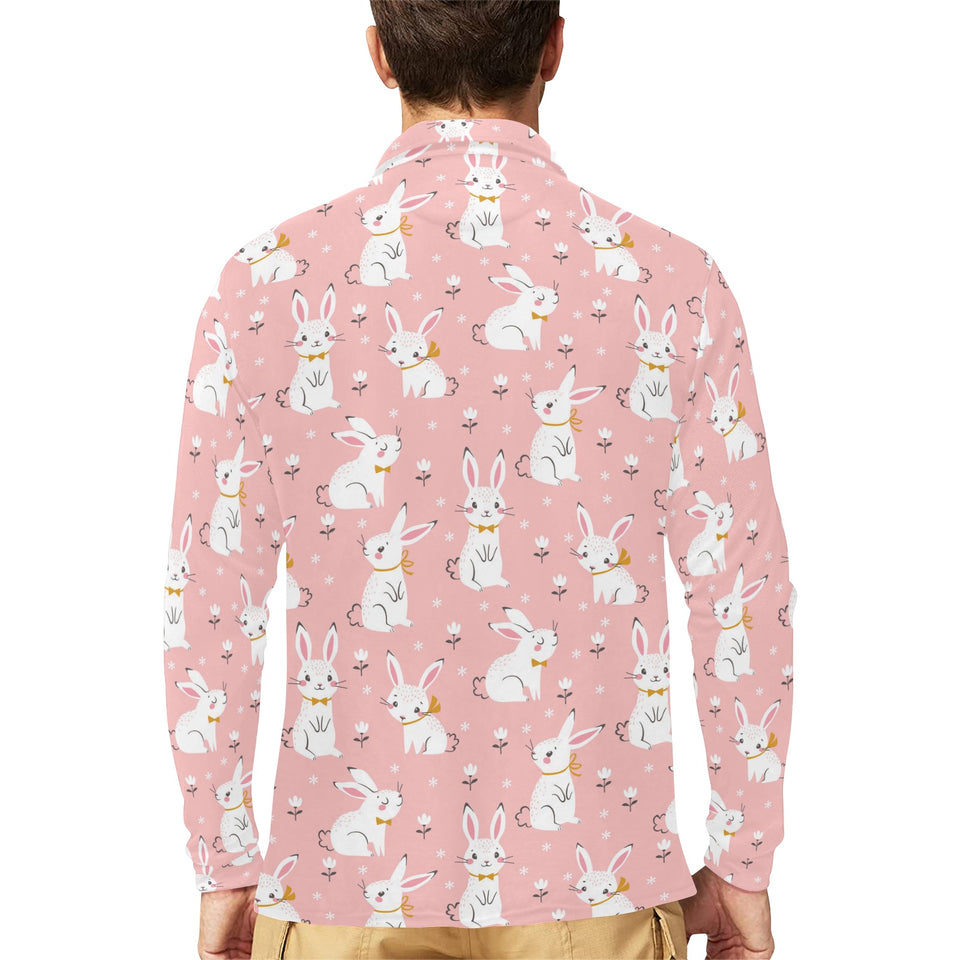 Cute white rabbit flower pink background Men's Long Sleeve Polo Shirt