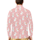Cute white rabbit flower pink background Men's Long Sleeve Polo Shirt