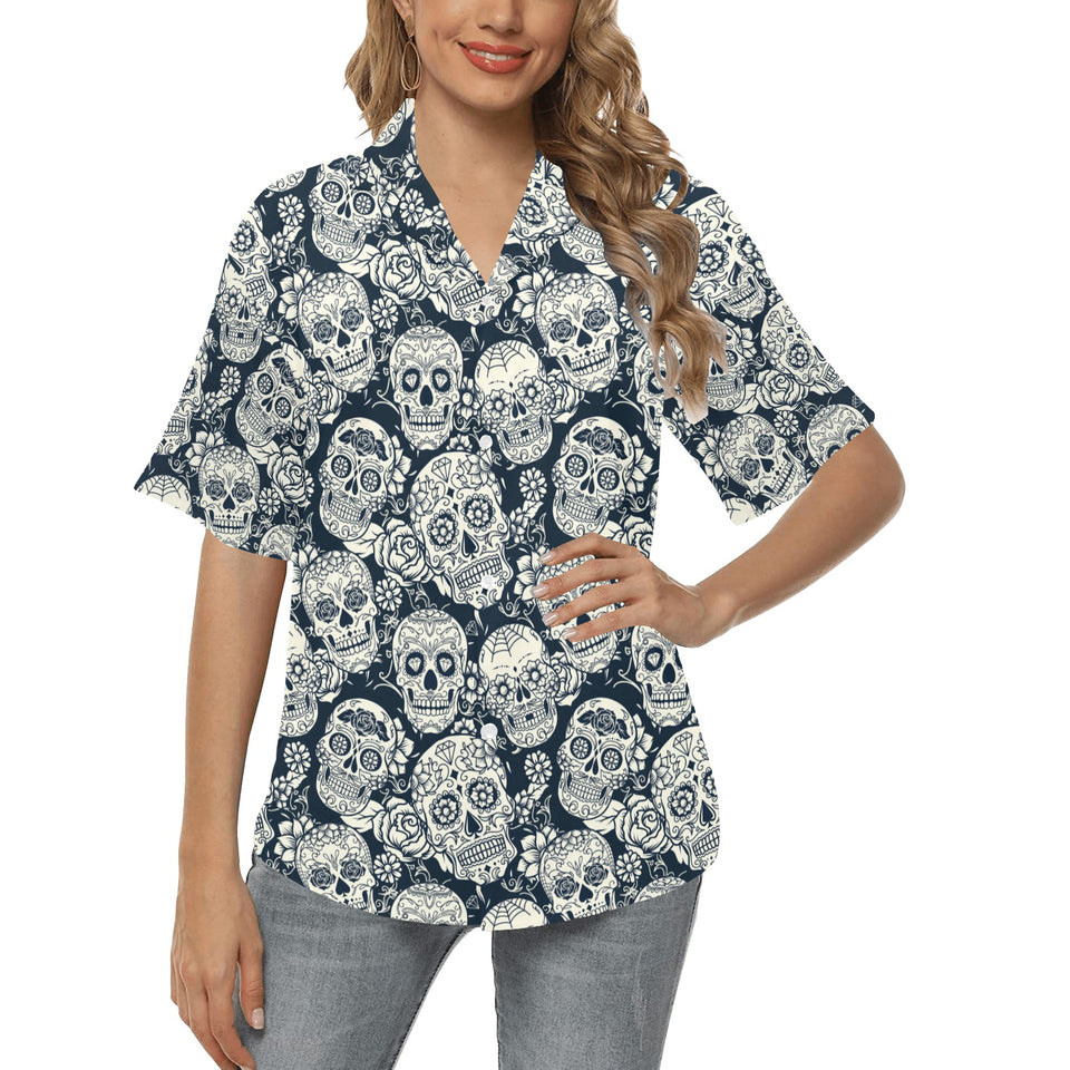 Sugar skull black white pattern Women's All Over Print Hawaiian Shirt