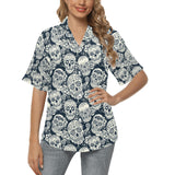 Sugar skull black white pattern Women's All Over Print Hawaiian Shirt